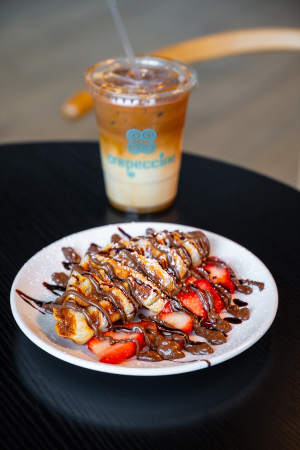 Nutella strawberry croffle and iced coffee at Crepeccino